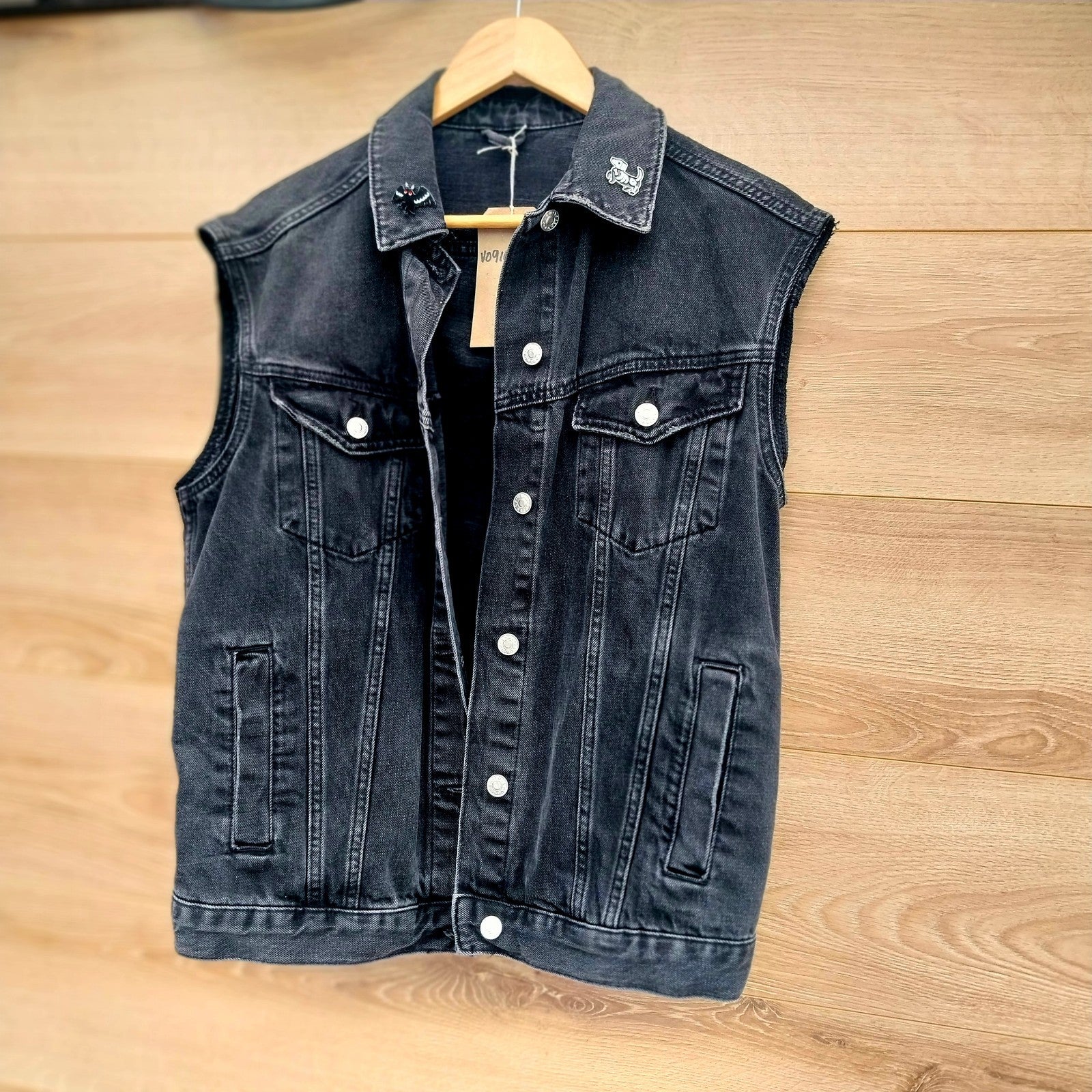 Reworked black denim jacket with Gothic Demon  Pixie on back Size 10 Oversized