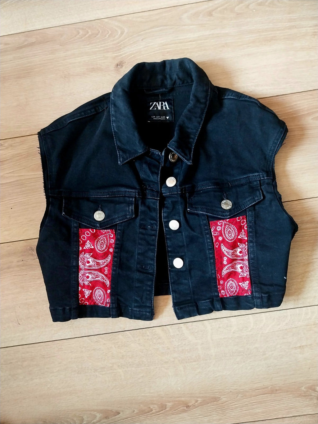 Reworked Black denim Short Waistcoat  with Motley Crue  on back Size Small