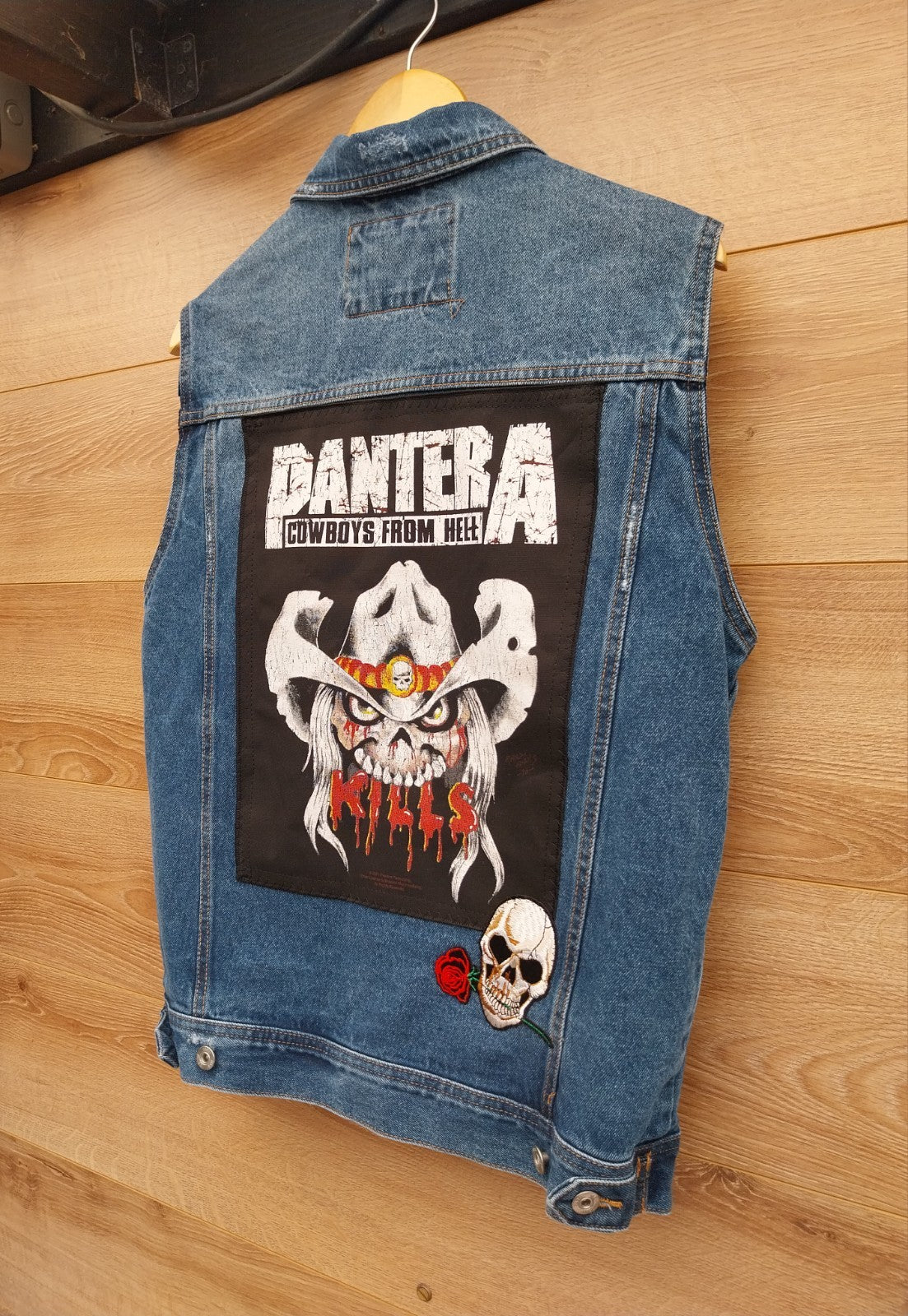 Reworked Frayed denim Waistcoat With Pantera  On Back Size MED  Festival