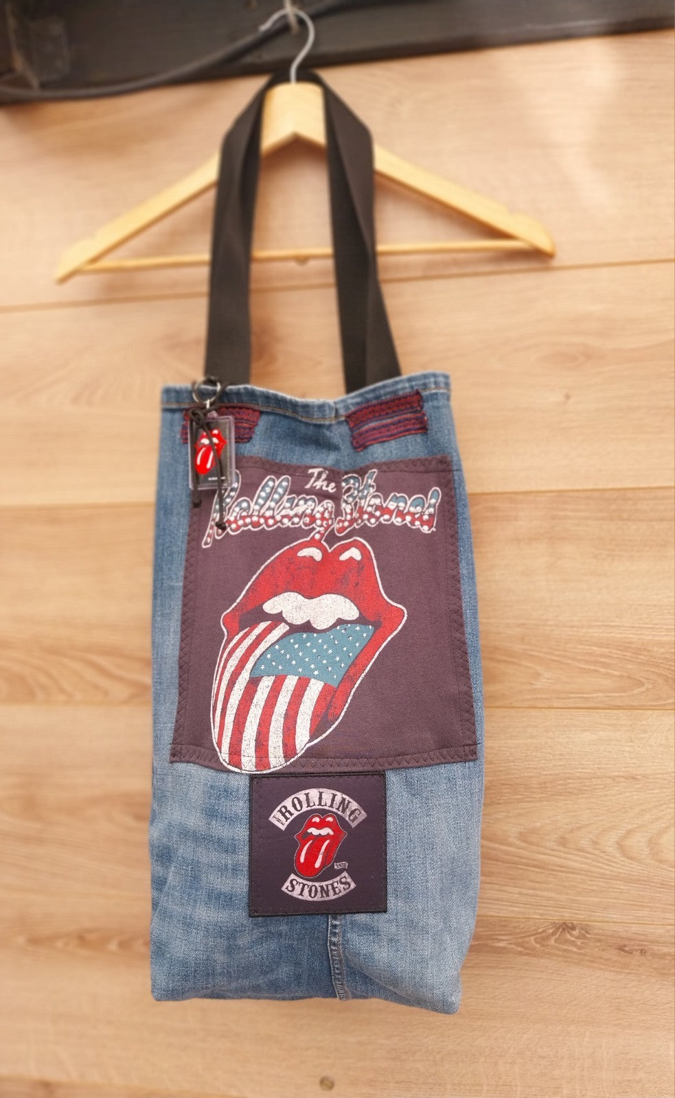 Handmade Festival Denim Tote Bag With Rolling Stones Theme