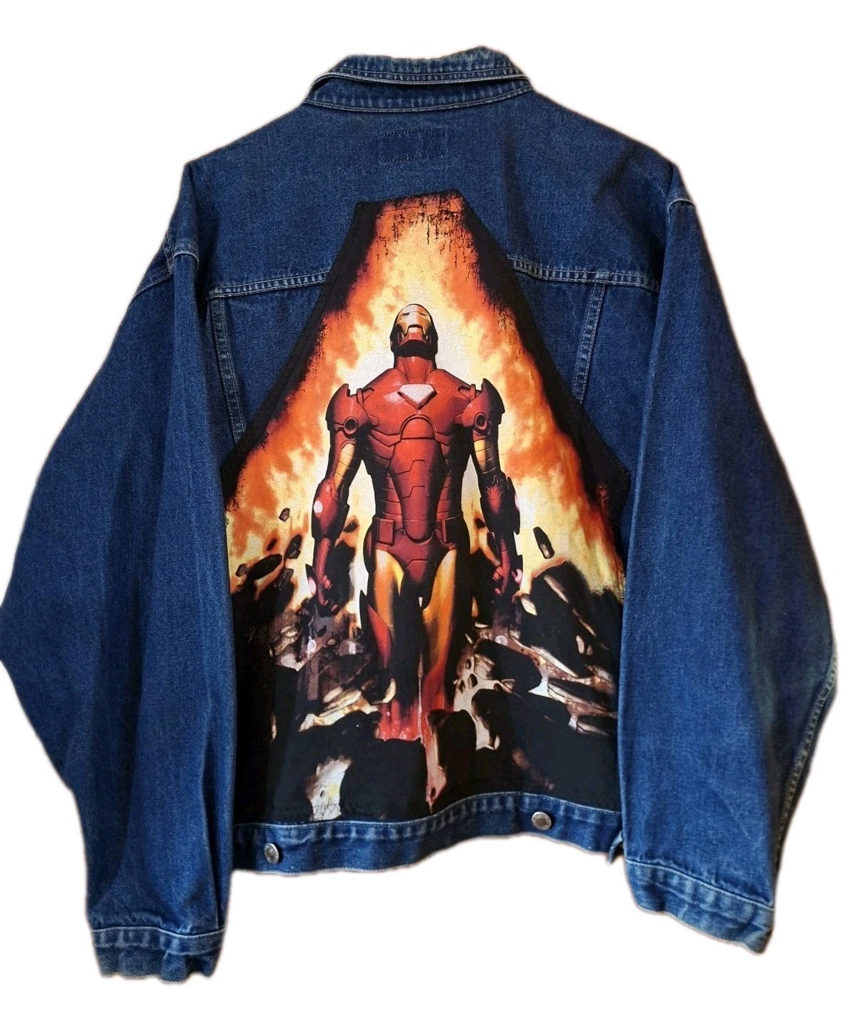 Reworked Vintage denim jacket with Ironman  on back Size Large  Festival