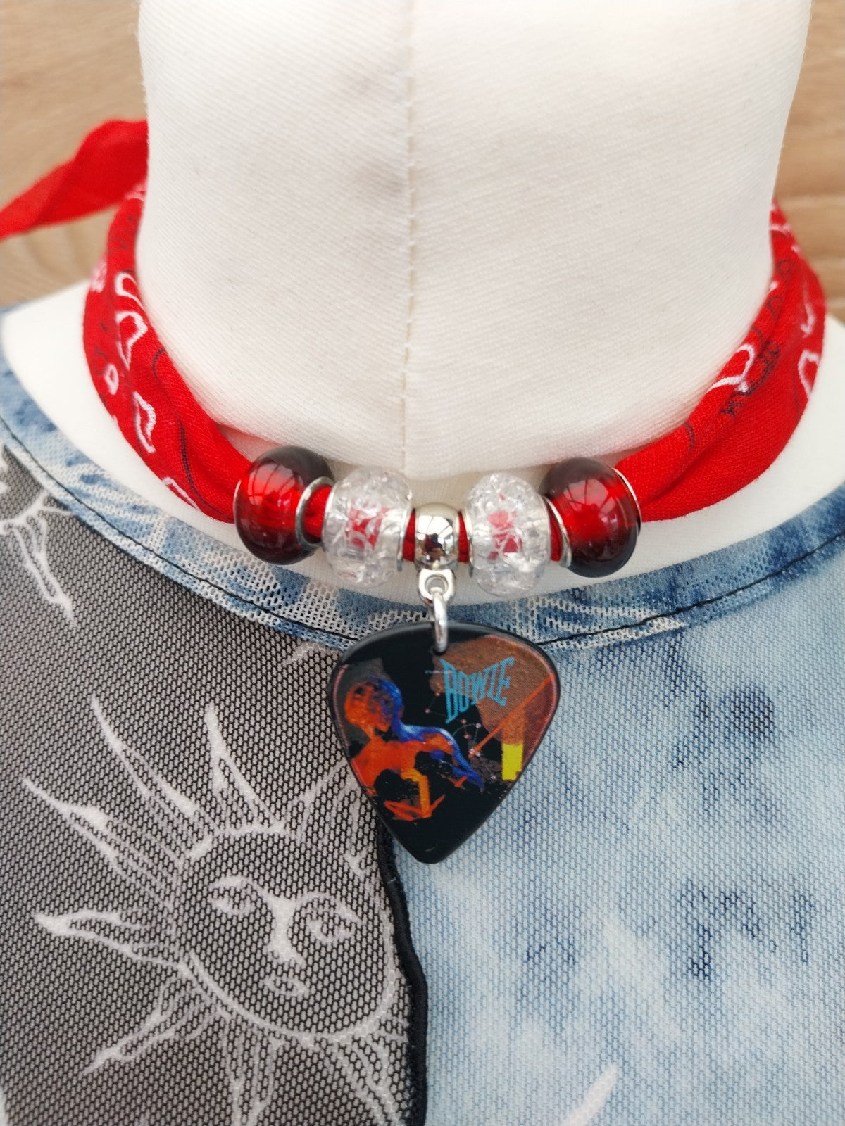 Handmade Bowie Plectrum Bandana  Choker Necklace Red