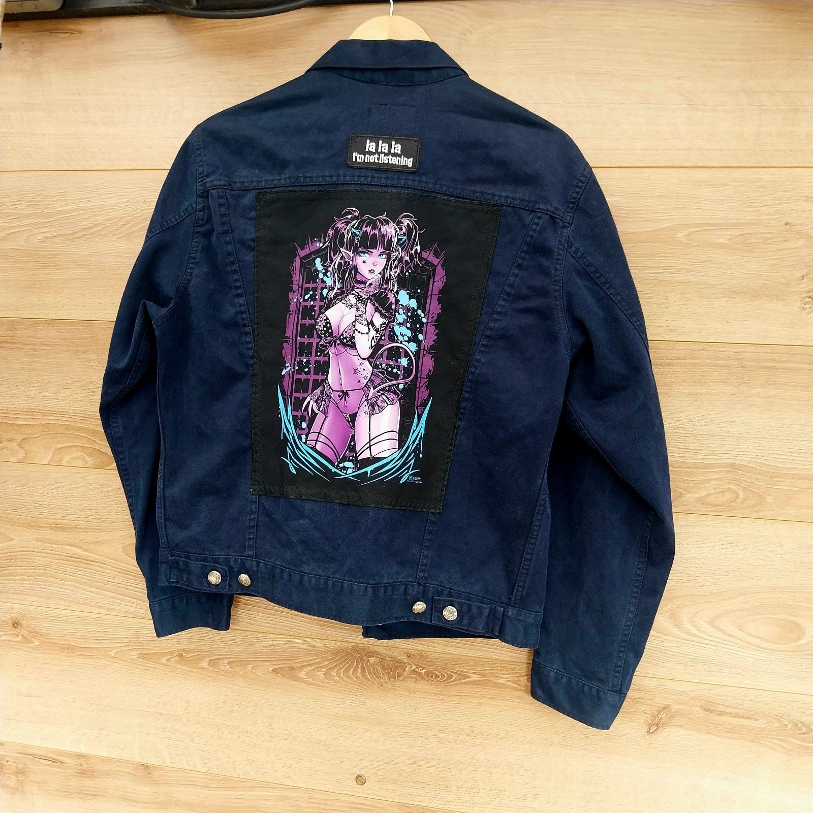 Reworked blue denim jacket with Gothic Demon Pixie on back Size Medium