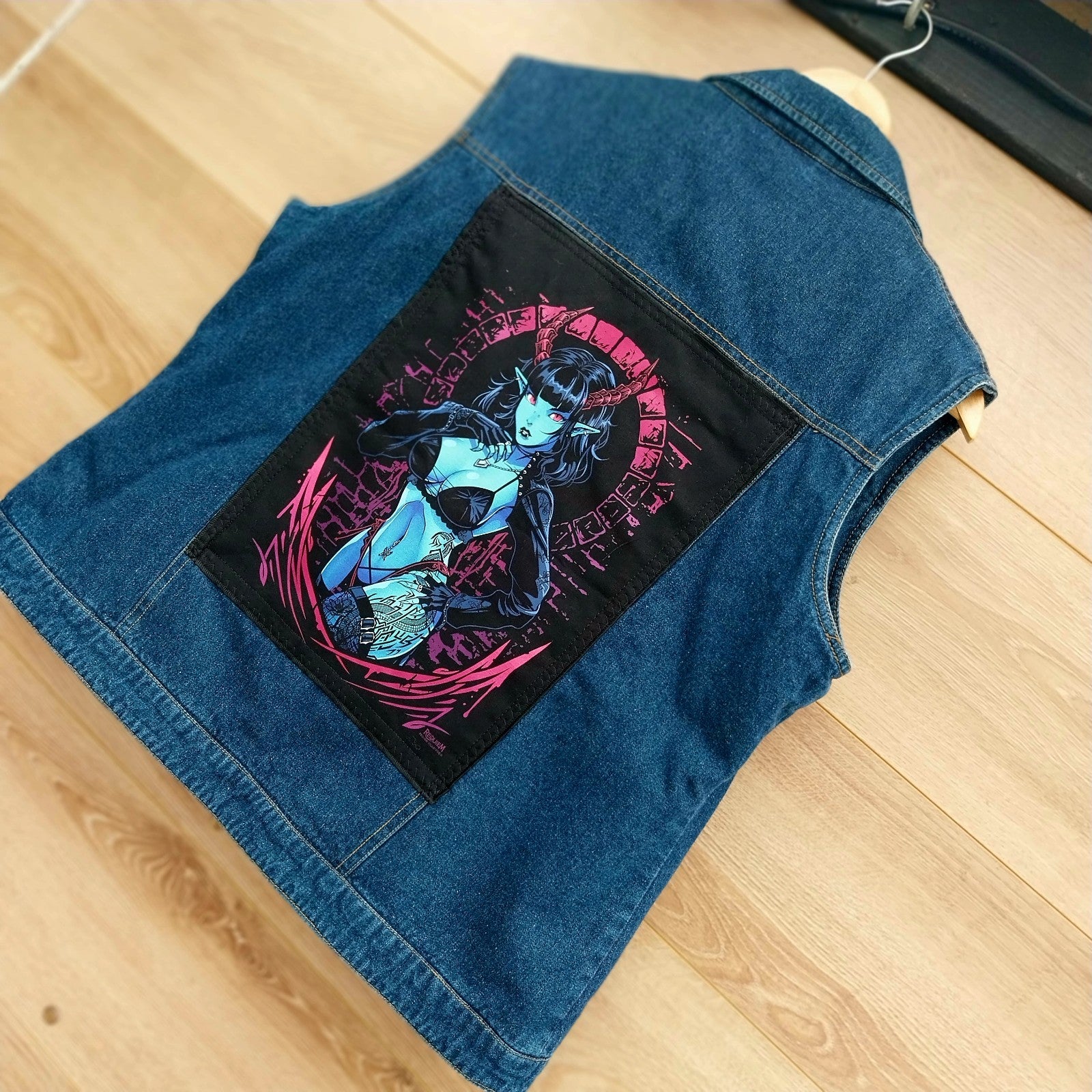 Reworked blue quilted denim jacket with Gothic Demon Pixie on back Size Medium