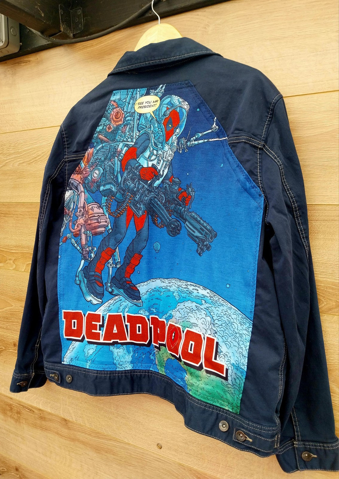 Reworked vintage denim jacket with Deadpool on back Size XL