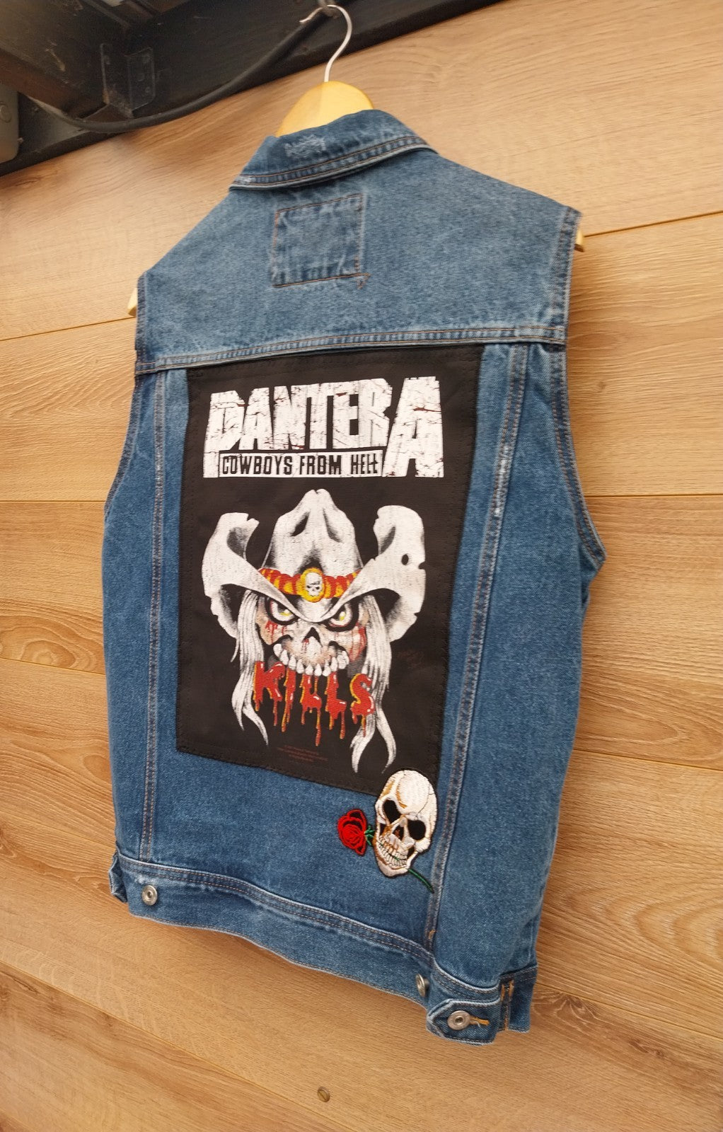 Reworked Frayed denim Waistcoat With Pantera  On Back Size MED  Festival