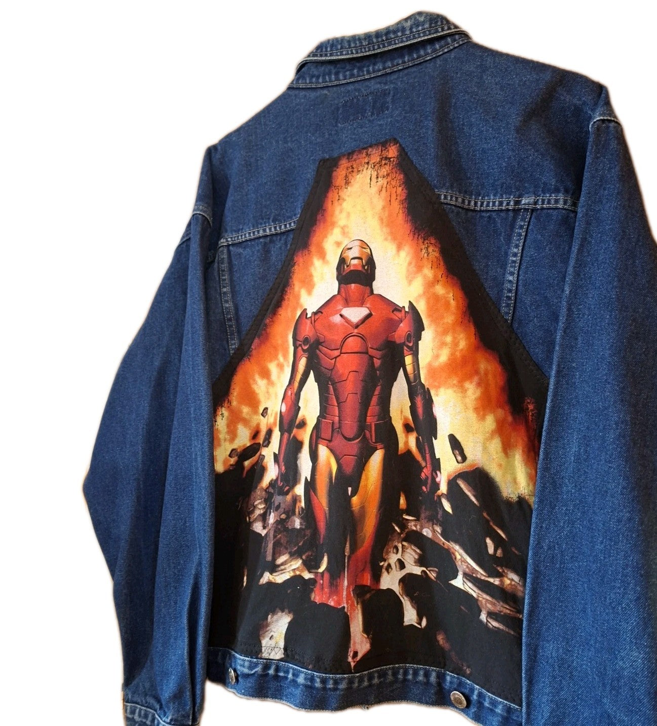 Reworked Vintage denim jacket with Ironman  on back Size Large  Festival