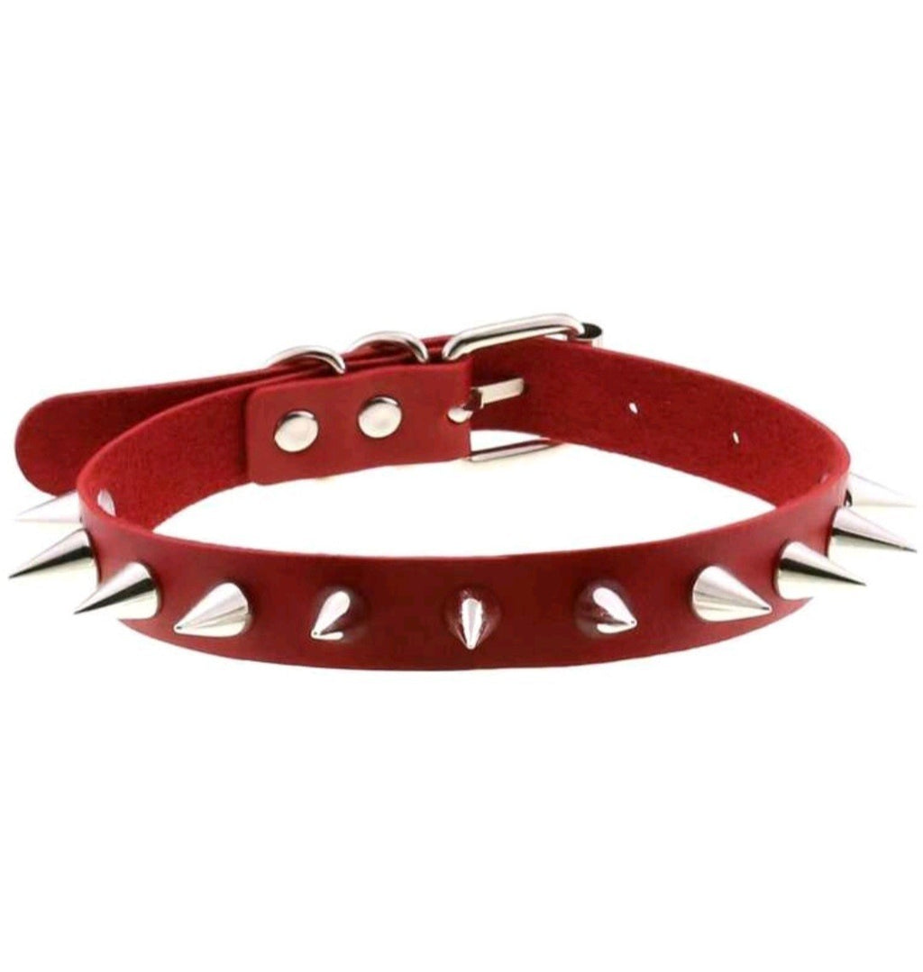 Spiked Stud Choker Collar Necklace Goth Punk Red