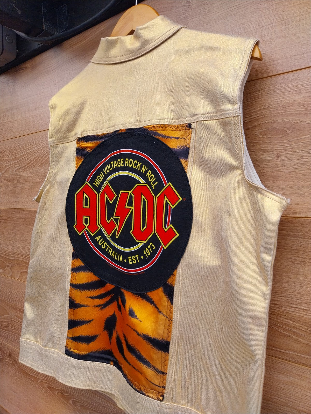 Reworked vintage Gold  waistcoat with ACDC  Theme  Size Medium Festival