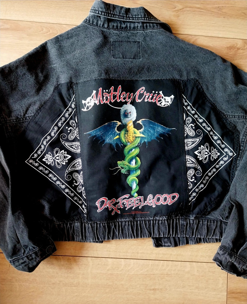 Motley Crue Reworked Black denim Short 80s Jacket  Size XL