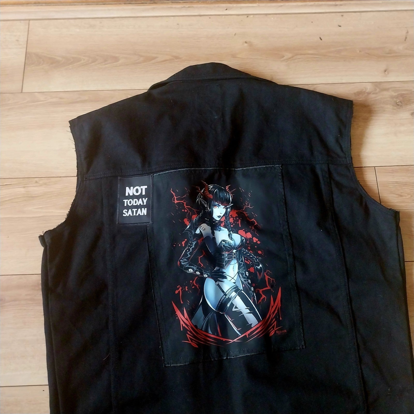 Reworked black denim jacket with Gothic Demon  Pixie on back Size XL