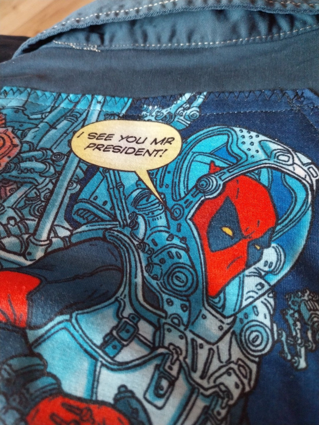 Reworked vintage denim jacket with Deadpool on back Size XL