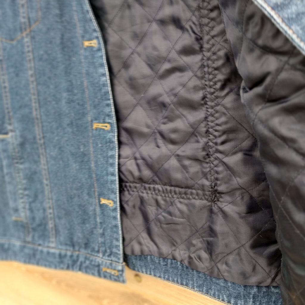 Reworked blue quilted denim jacket with Gothic Demon Pixie on back Size Medium