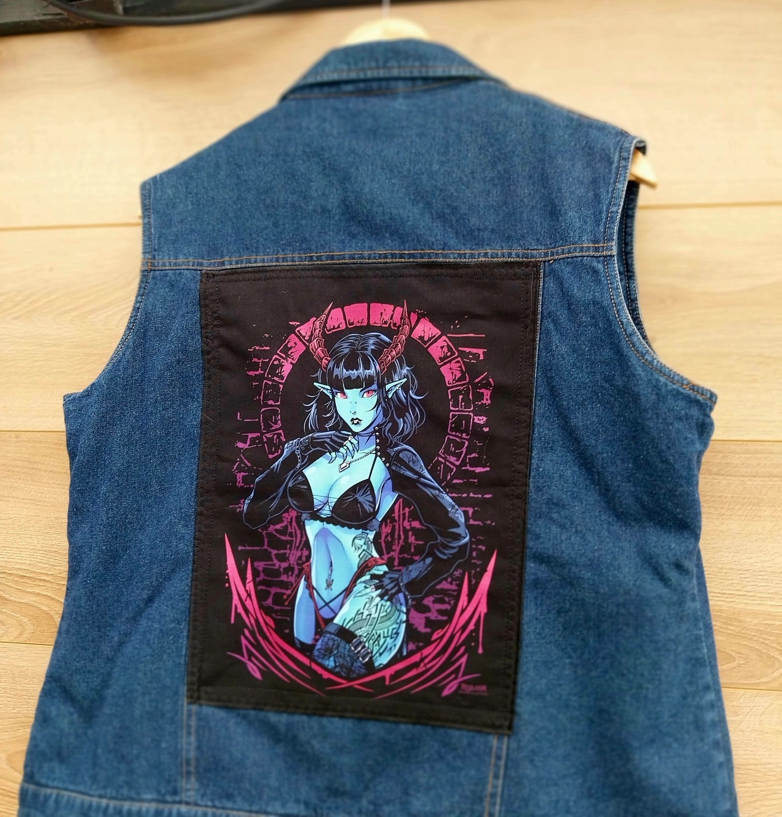 Reworked blue quilted denim jacket with Gothic Demon Pixie on back Size Medium