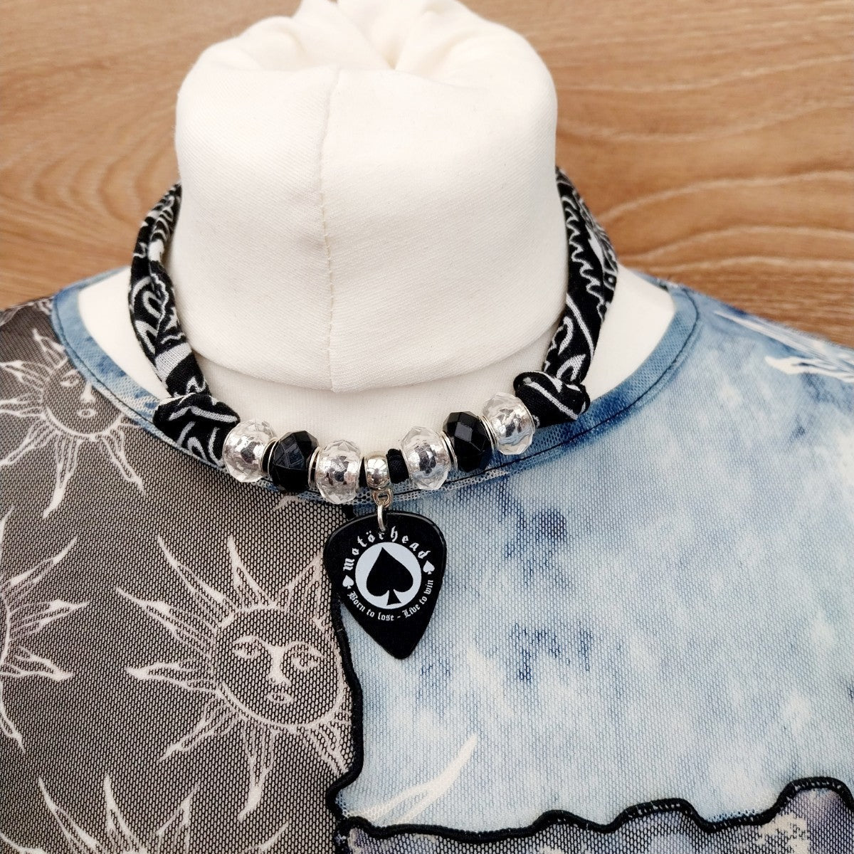 Handmade Motorhead Plectrum Bandana  Choker Necklace Black White