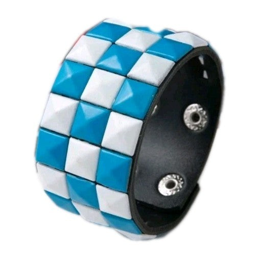 Checkered Punk Emo Bracelet Cuff  Blue & White Festival