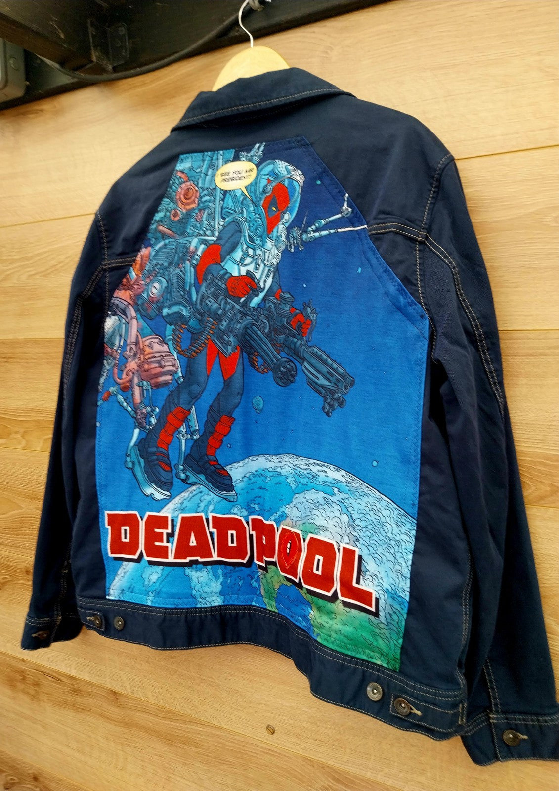 Reworked vintage denim jacket with Deadpool on back Size XL