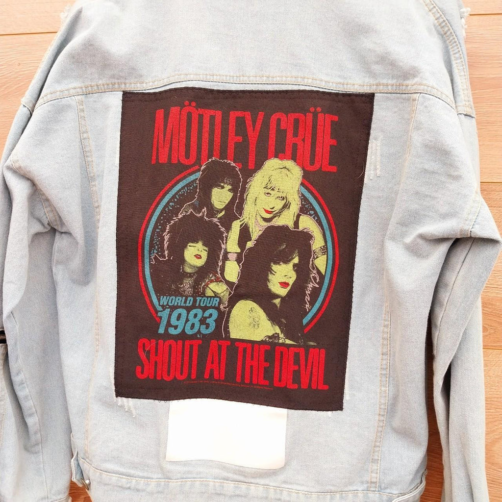 Reworked denim frayed jacket with Zips Motley Crue on back Size Large