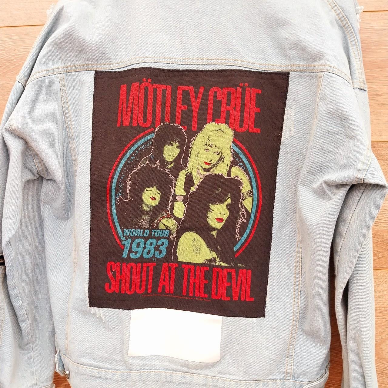 Reworked denim frayed jacket with Zips Motley Crue on back Size Large