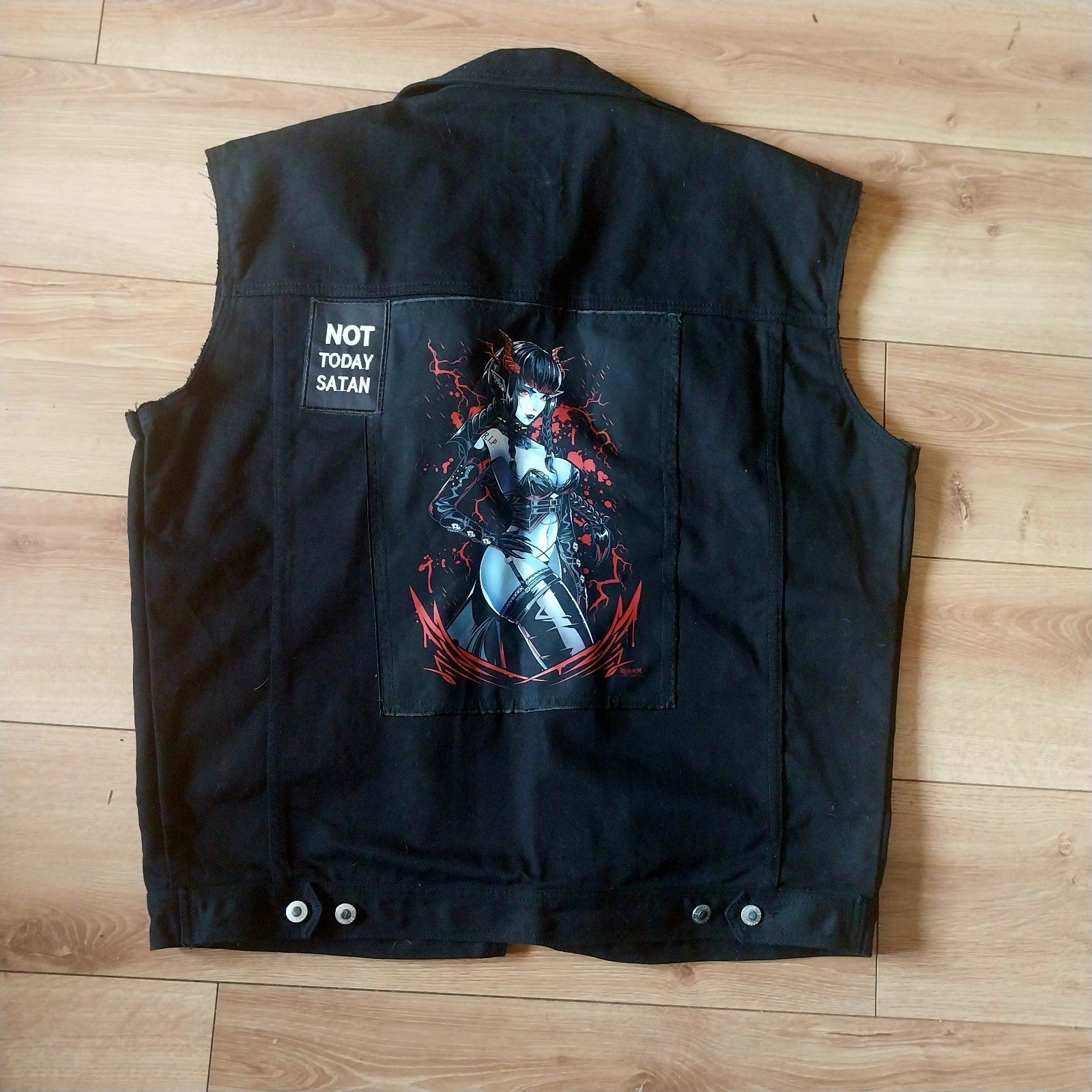 Reworked black denim jacket with Gothic Demon  Pixie on back Size XL