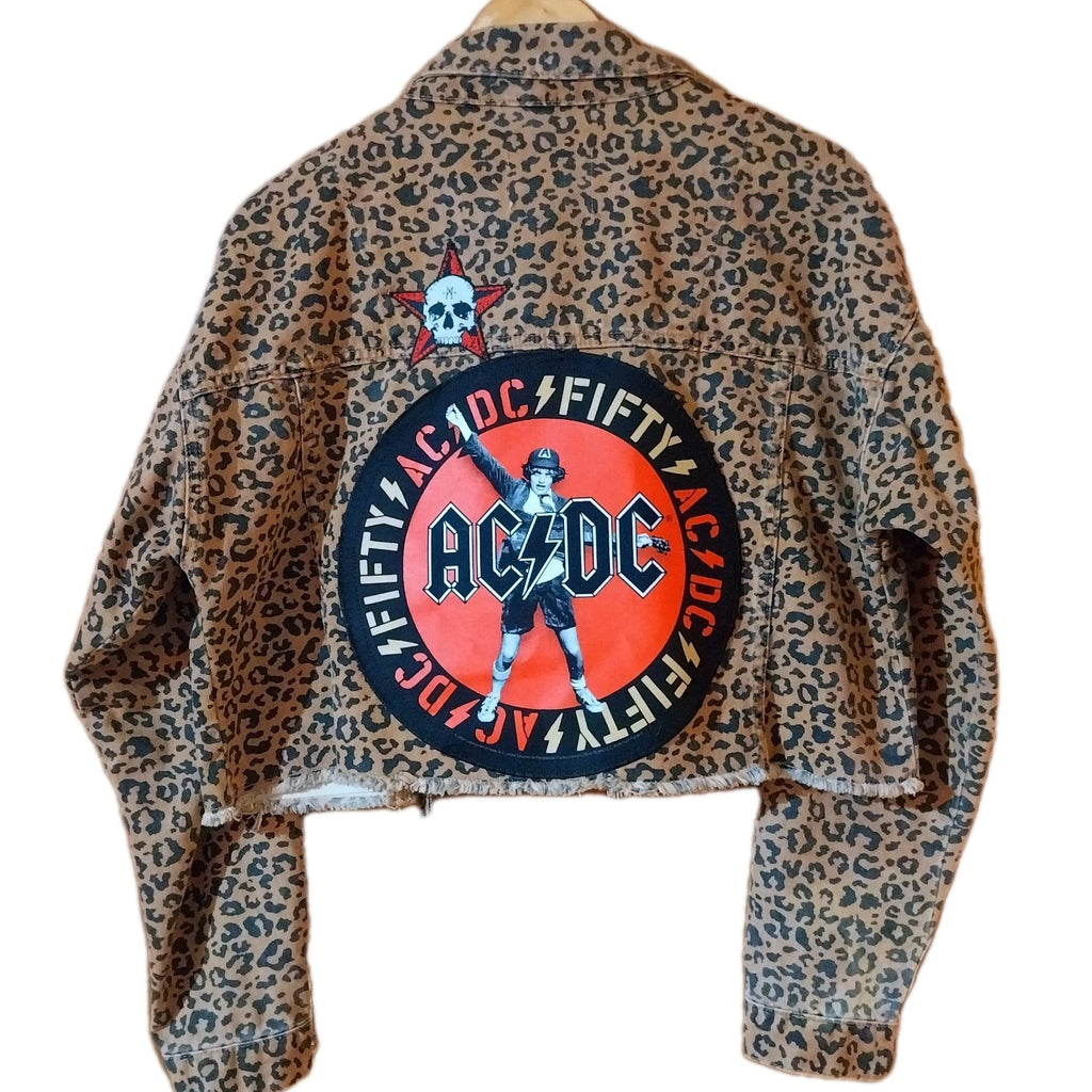 ACDC Denim  jacket Tan Black Leopard Print  Size 14 Festival Metalhead Reworked