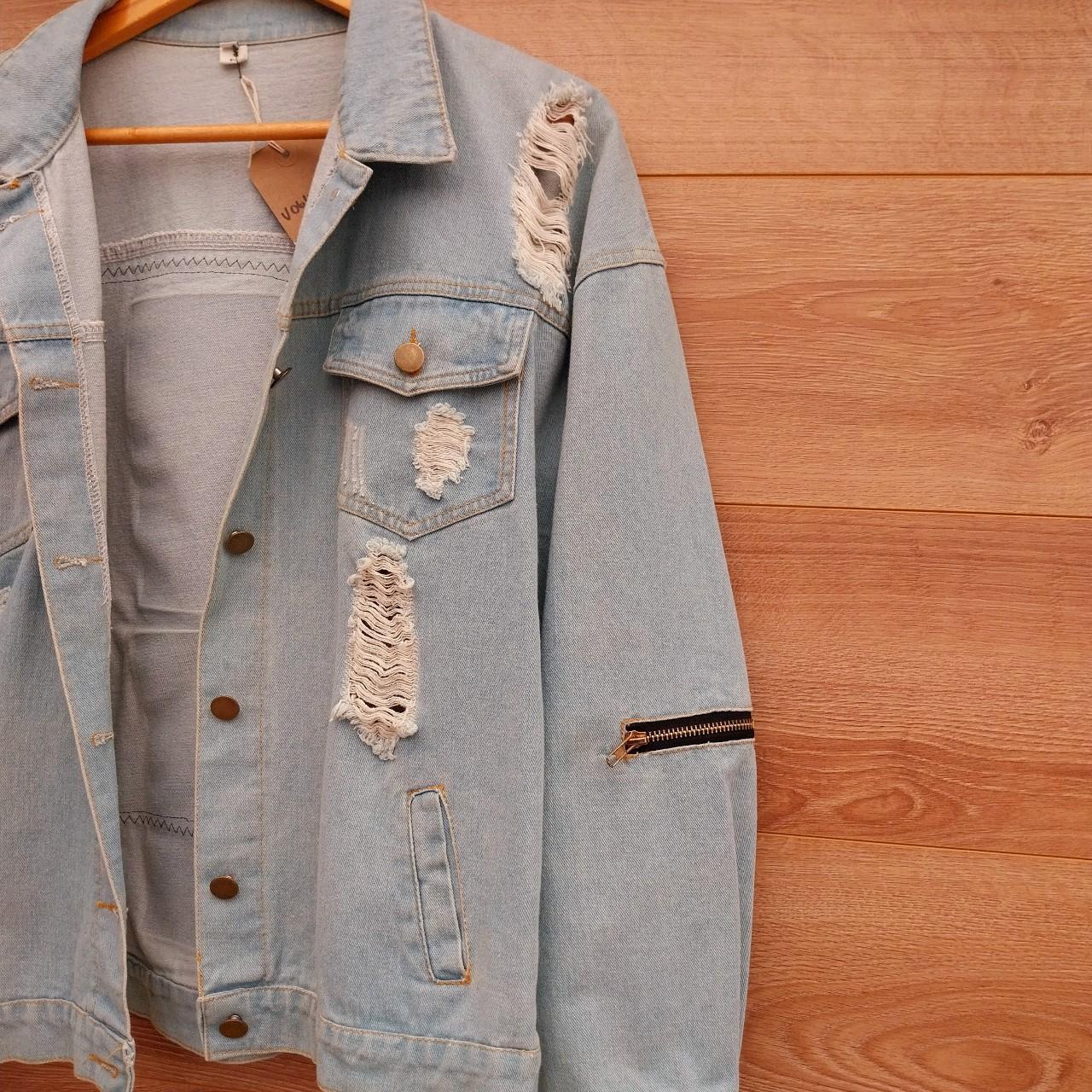 Reworked denim frayed jacket with Zips Motley Crue on back Size Large