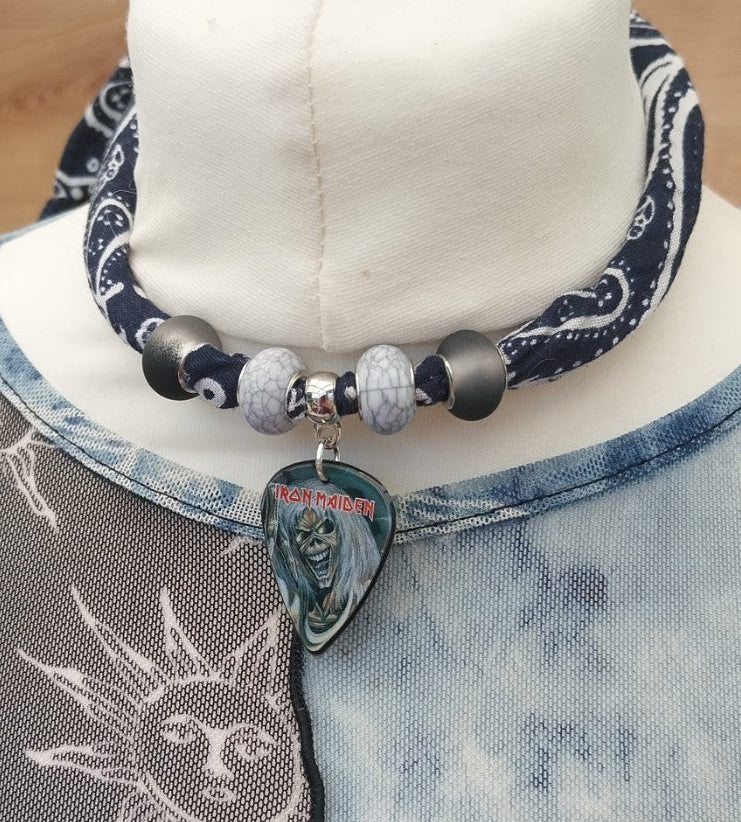 Handmade Iron Maiden Plectrum Bandana  Choker Necklace