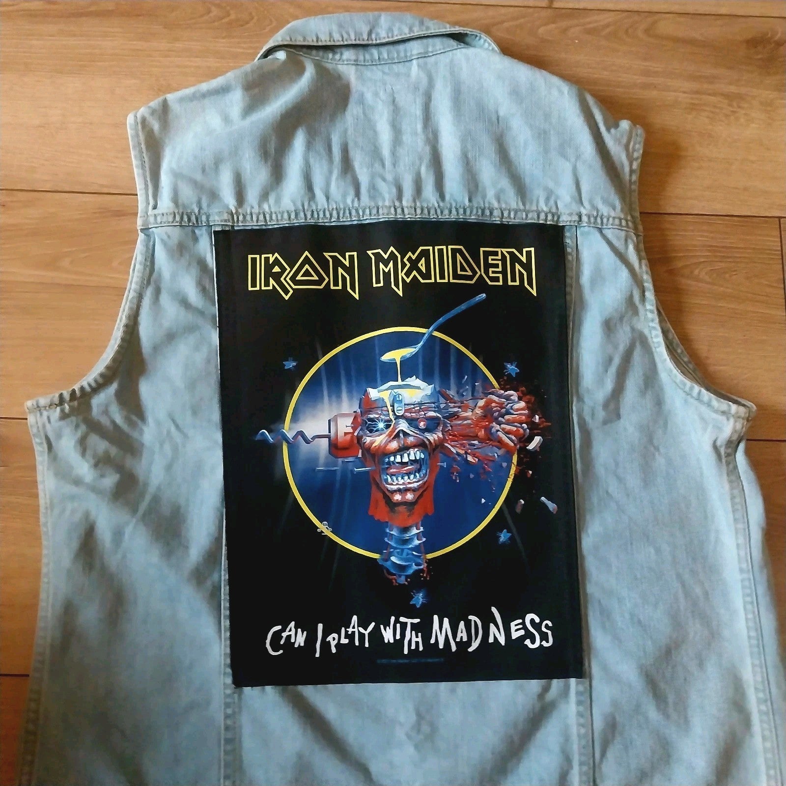 Iron Maiden denim Battle Jacket  Size Large Can I Play With Madness Festival