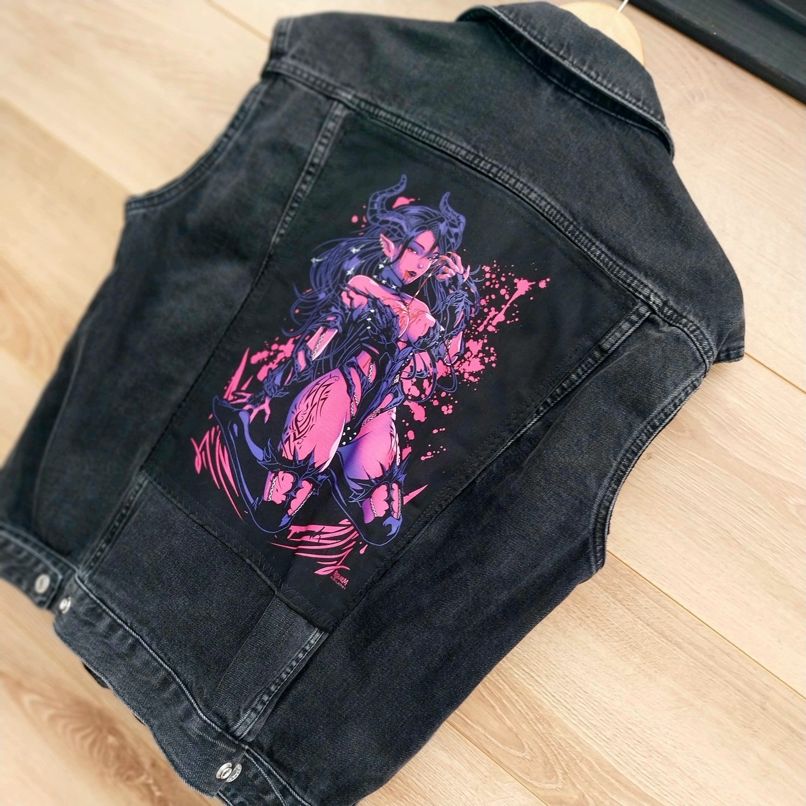 Reworked black denim jacket with Gothic Demon  Pixie on back Size 10 Oversized