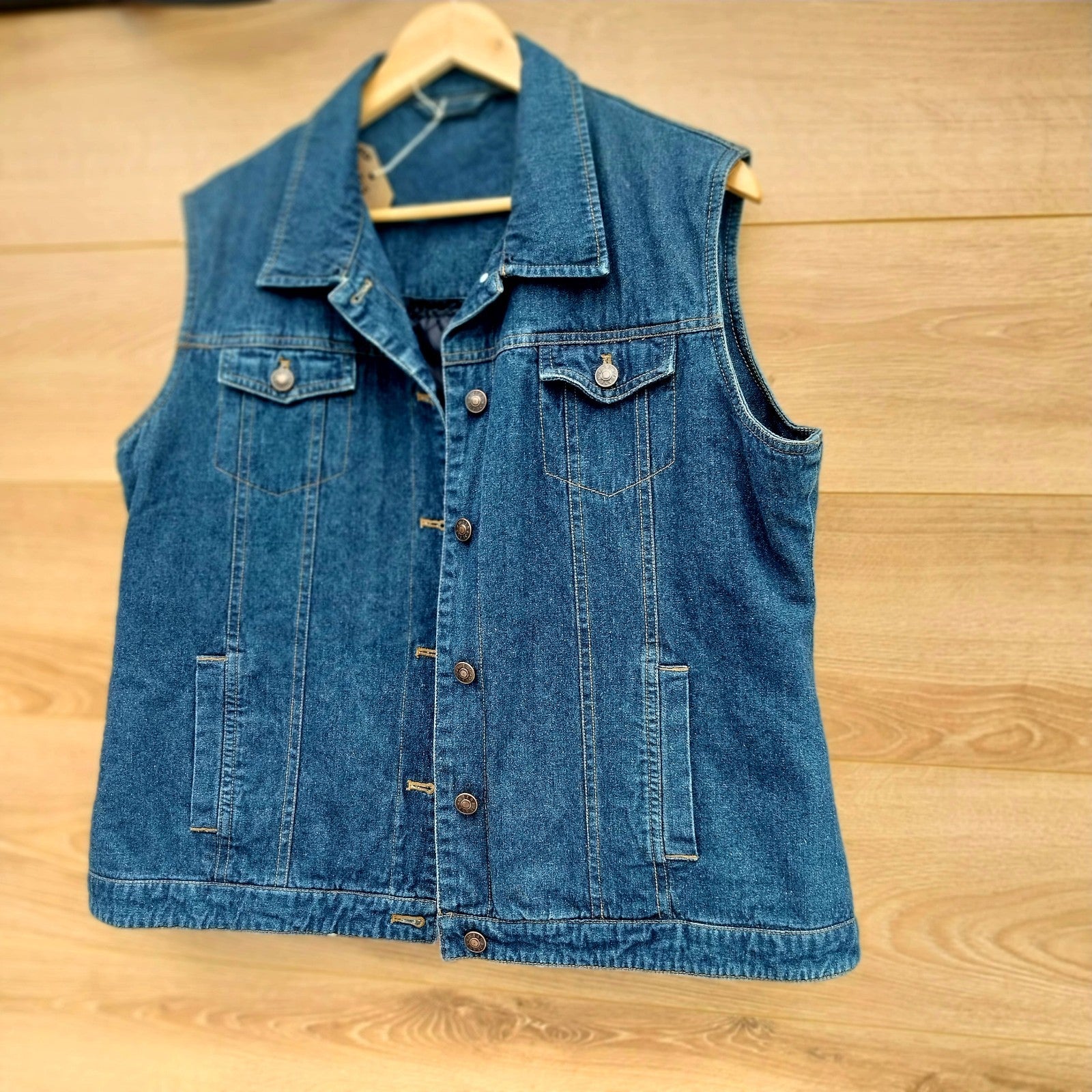 Reworked blue quilted denim jacket with Gothic Demon Pixie on back Size Medium