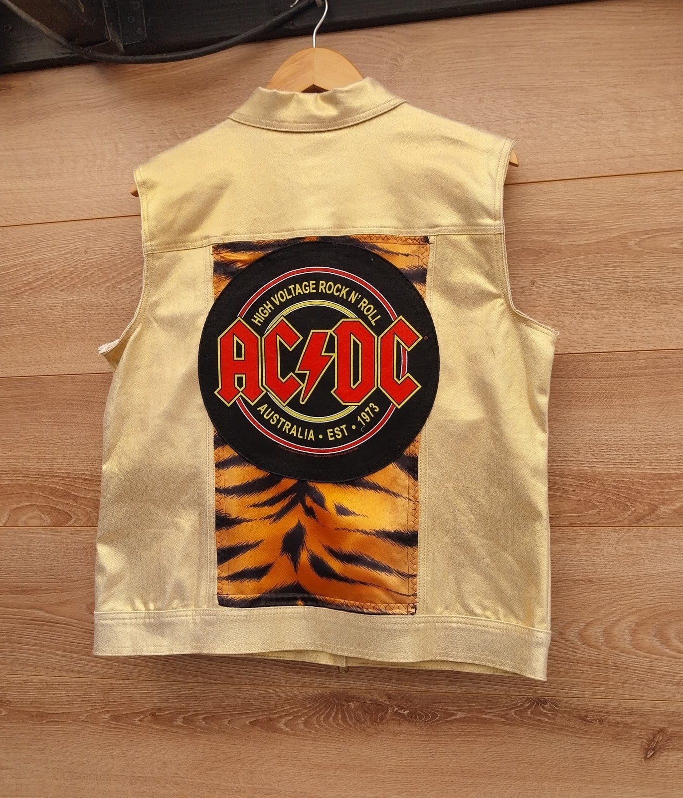 Reworked vintage Gold  waistcoat with ACDC  Theme  Size Medium Festival