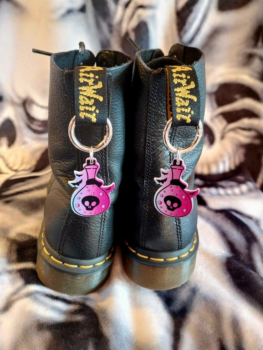 Pink Poison Bottle Skull boot charms for goth emo punk
