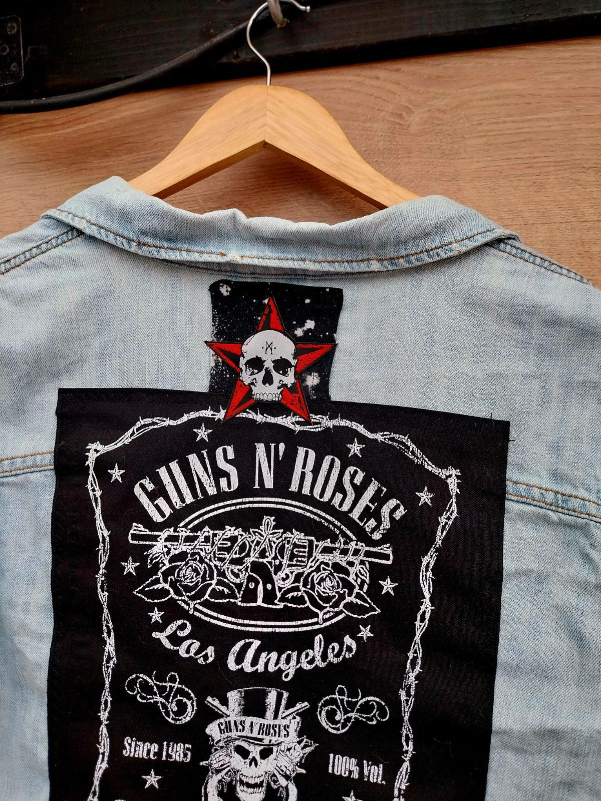 Reworked denim Waistcoat with Guns n Roses theme Size 20 Festival
