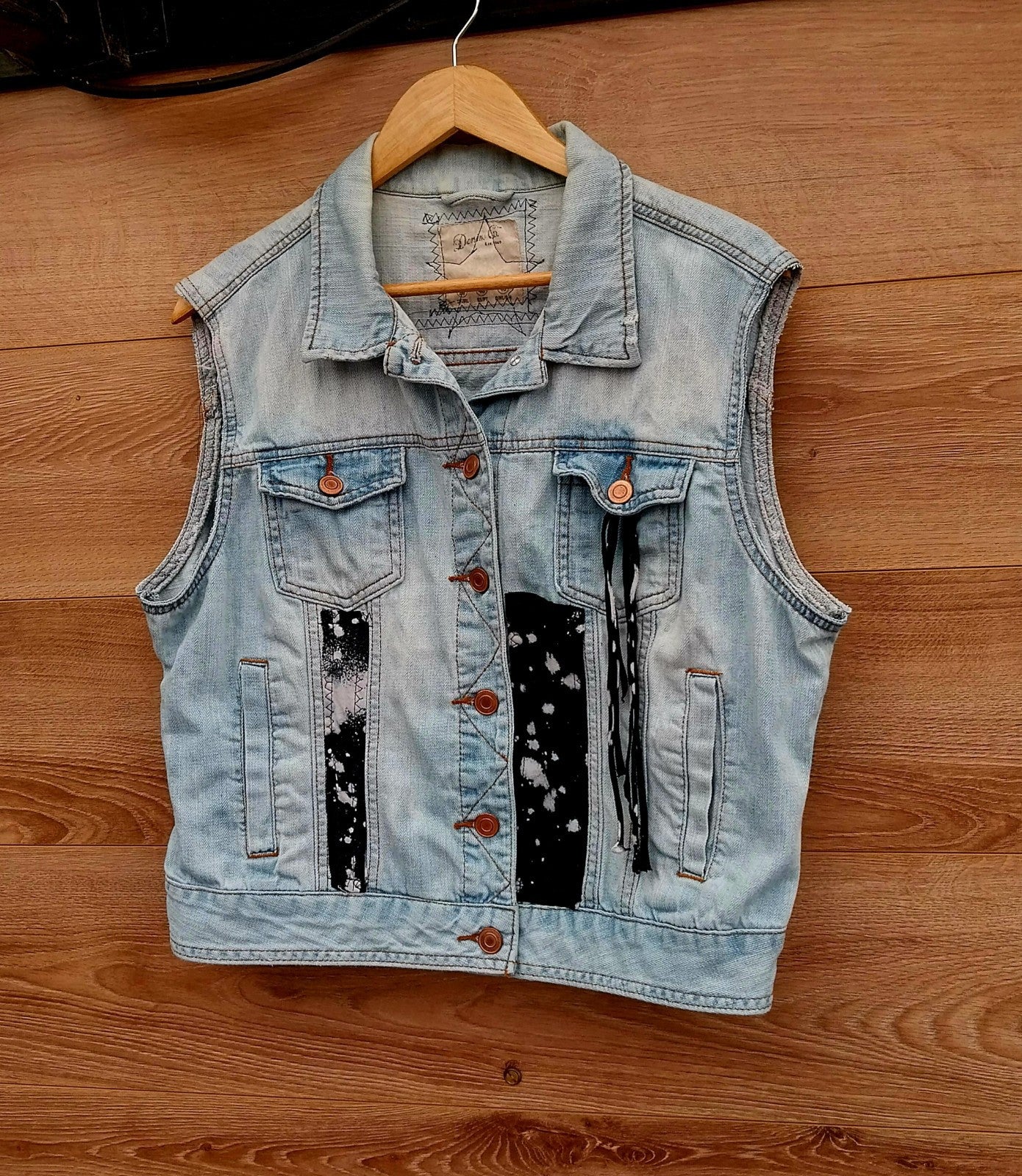 Reworked denim Waistcoat with Guns n Roses theme Size 20 Festival