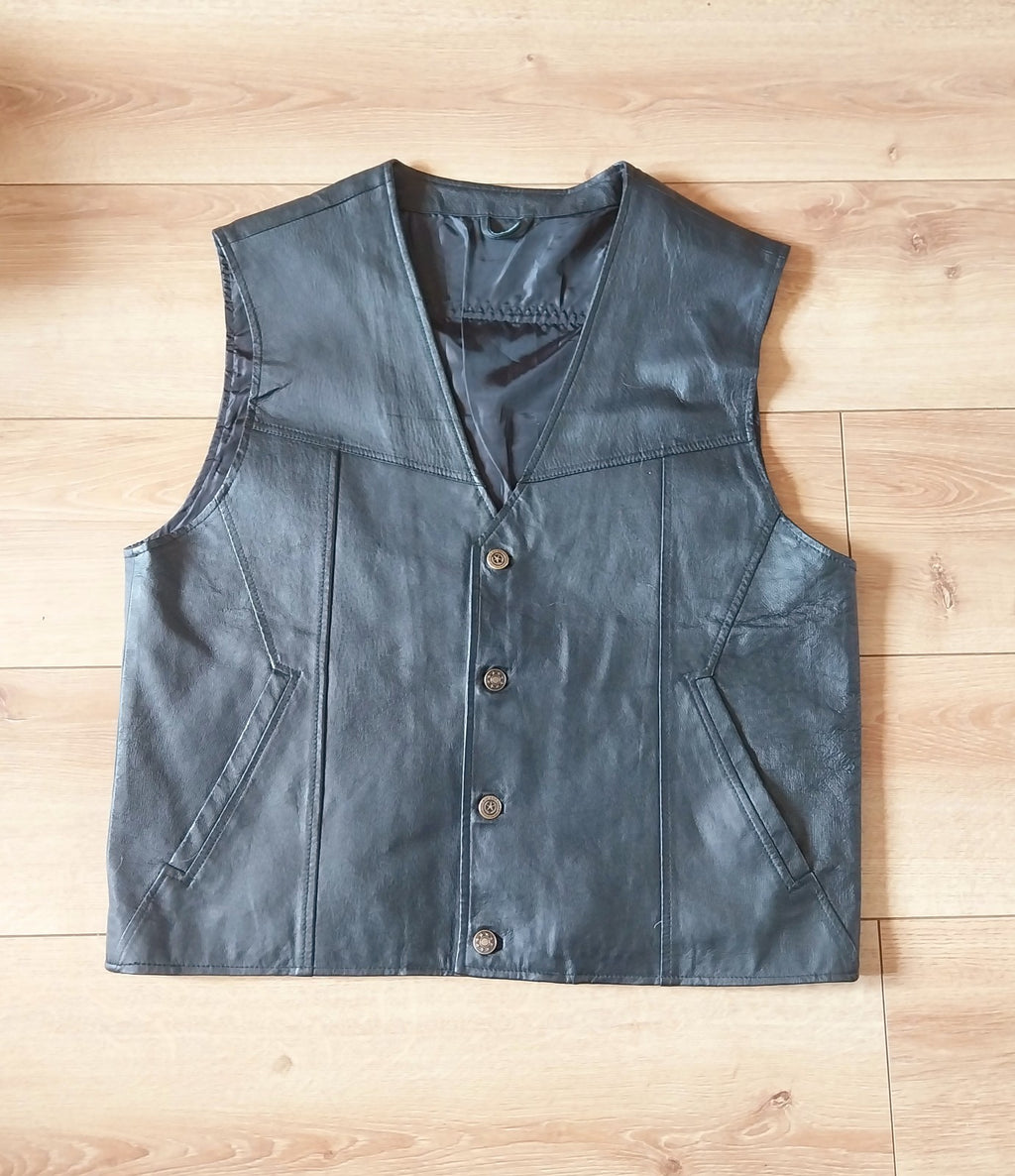 Vintage black leather waistcoat ACDC   on Back biker Size Large FESTIVAL