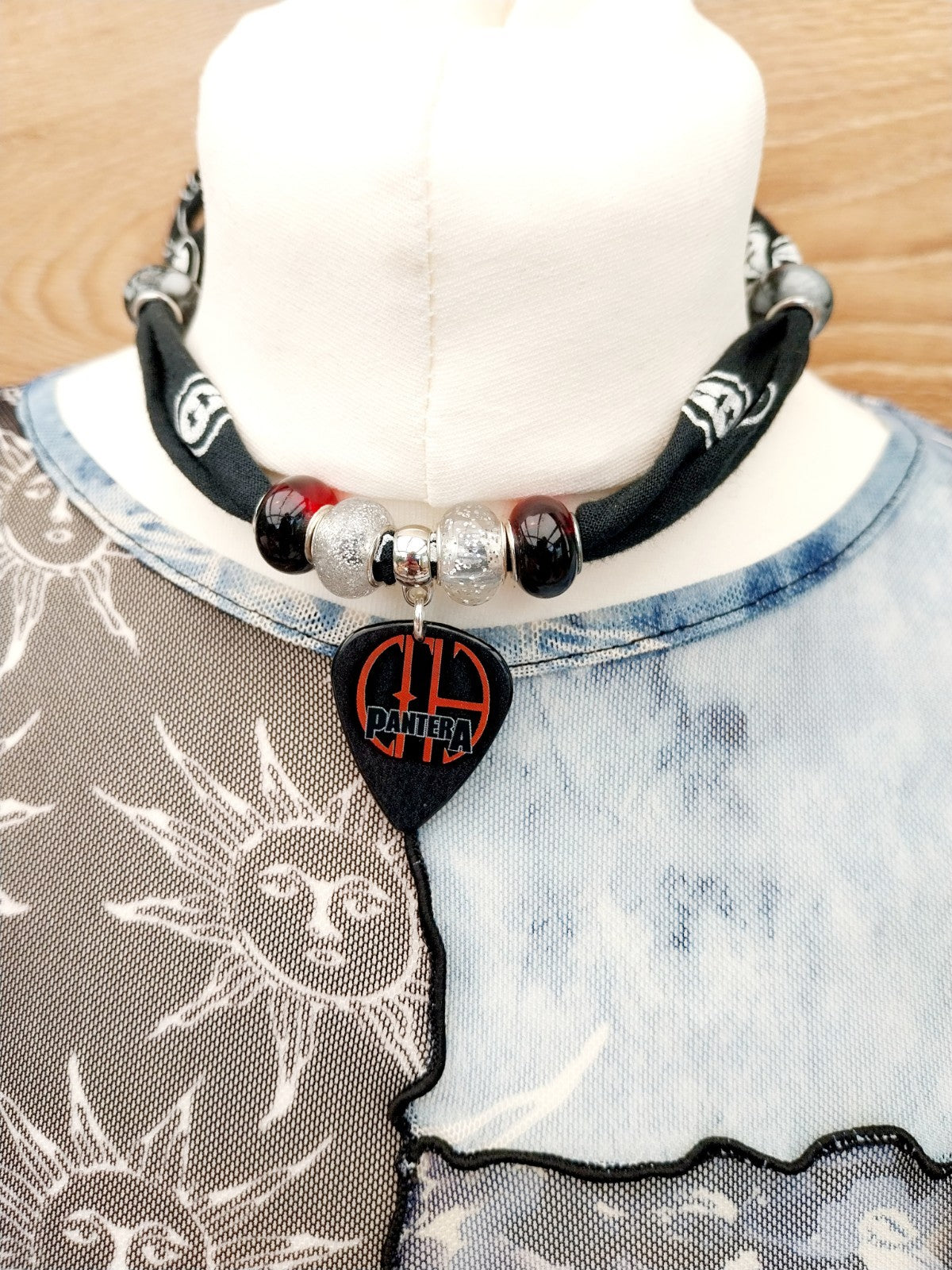 Handmade Pantera Plectrum Bandana  Choker Necklace Black White