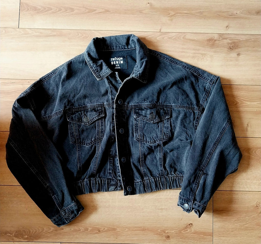 Motley Crue Reworked Black denim Short 80s Jacket  Size XL