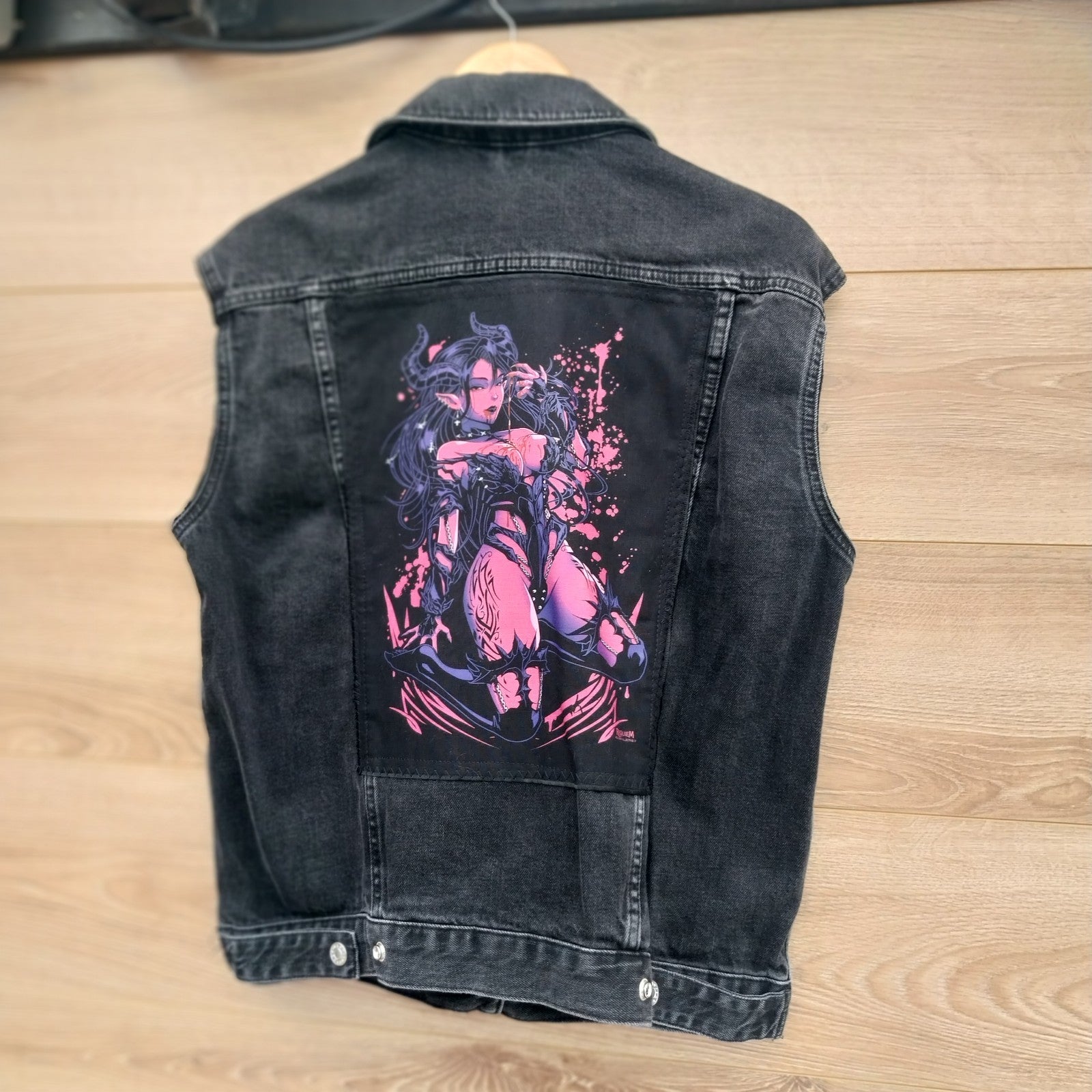 Reworked black denim jacket with Gothic Demon  Pixie on back Size 10 Oversized