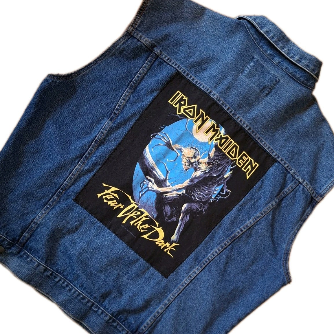 Reworked vintage denim battle jacket with Iron Maiden on back Size Large