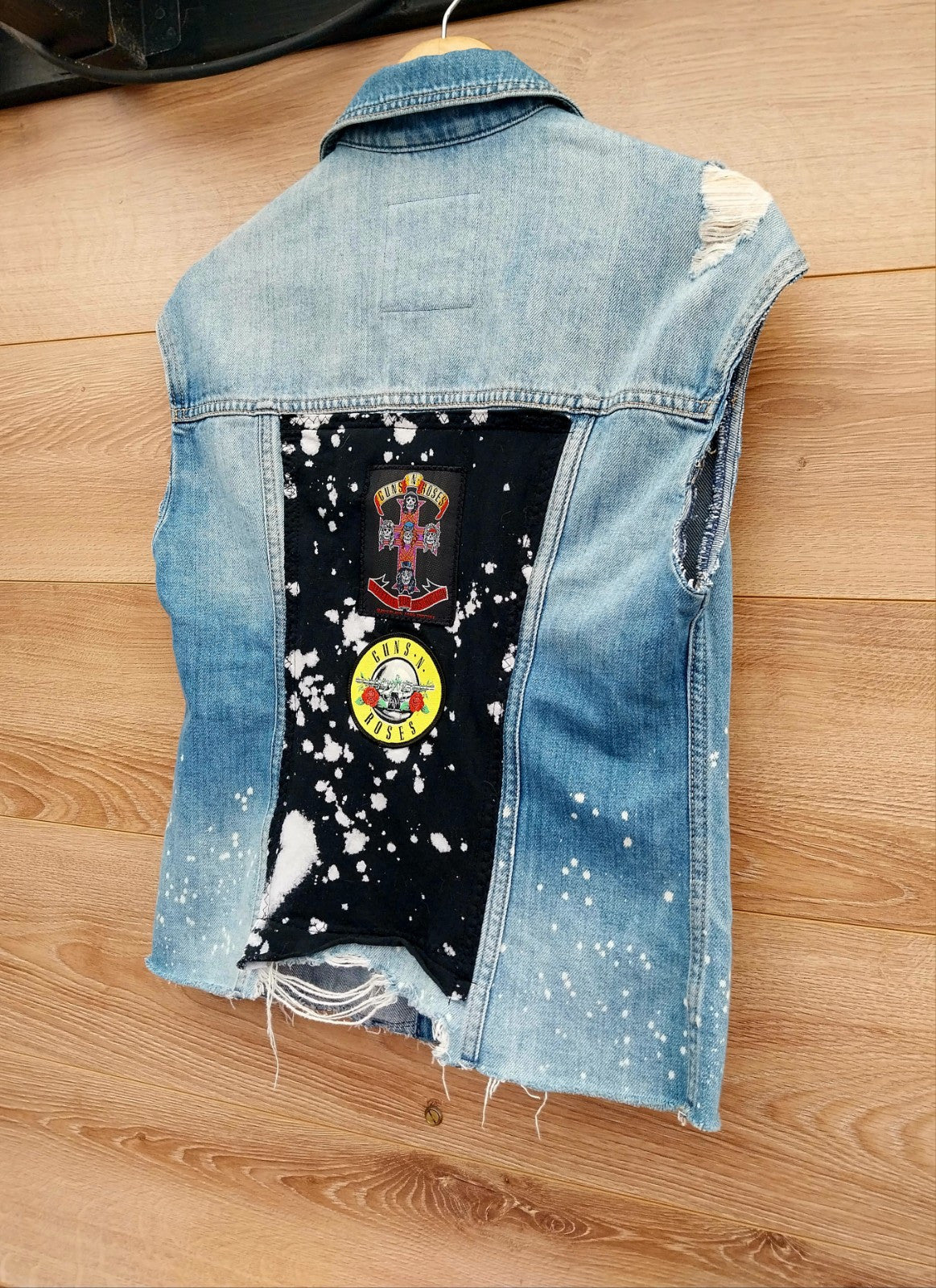 Reworked denim Waistcoat with Guns n Roses theme Size XSmall Festival