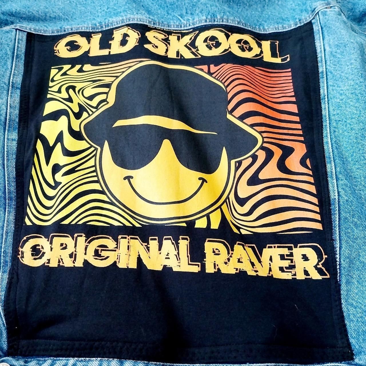 Reworked vintage denim jacket with festival Raver on Back fleece lined Size XXL