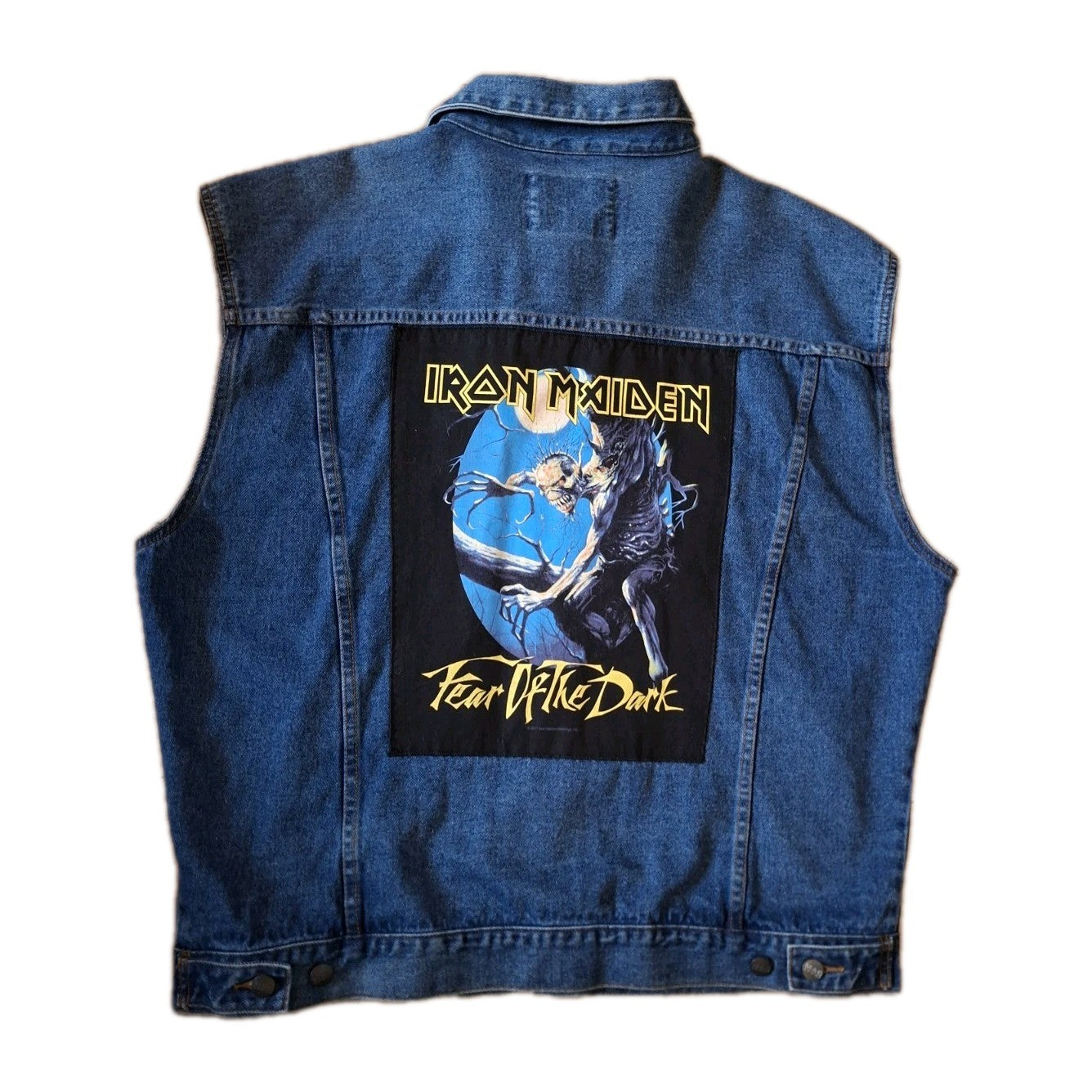 Reworked vintage denim battle jacket with Iron Maiden on back Size Large