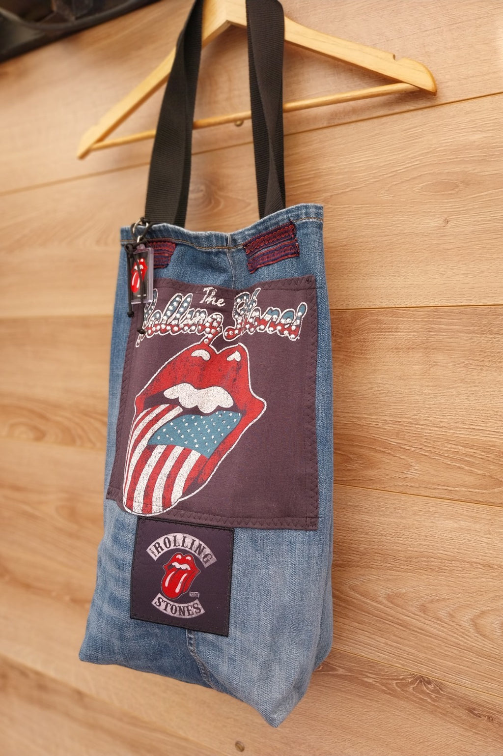 Handmade Festival Denim Tote Bag With Rolling Stones Theme