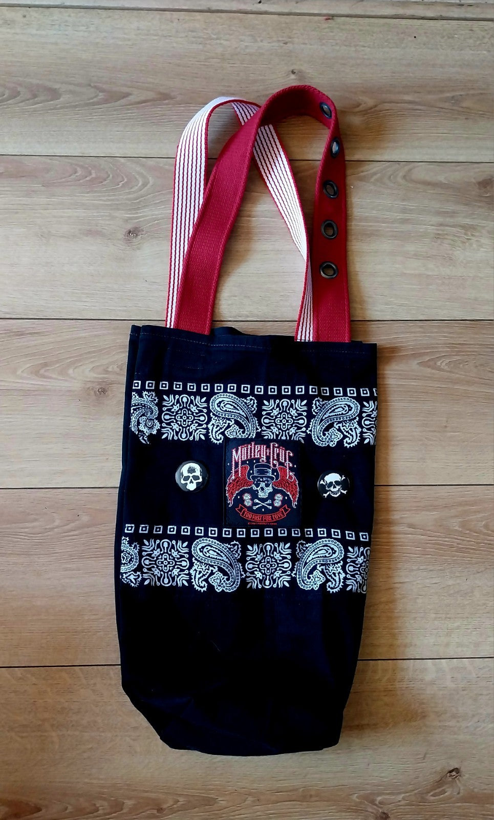 Handmade Festival Black  Denim Tote Bag With Motley Crue Theme