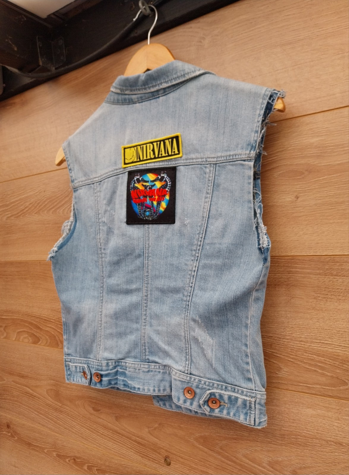 Reworked Frayed denim Waistcoat With NIRVANA Patches  On Back Size 8 Festival