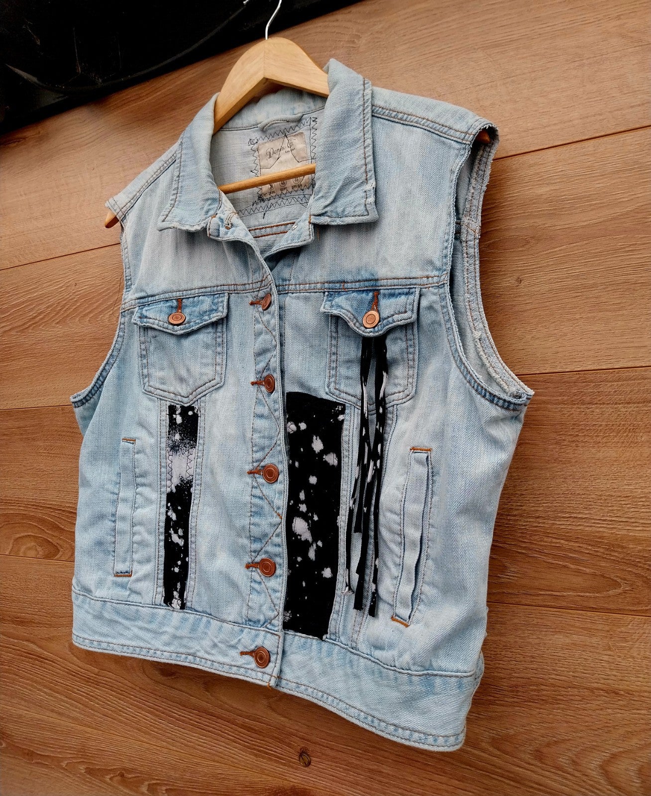 Reworked denim Waistcoat with Guns n Roses theme Size 20 Festival