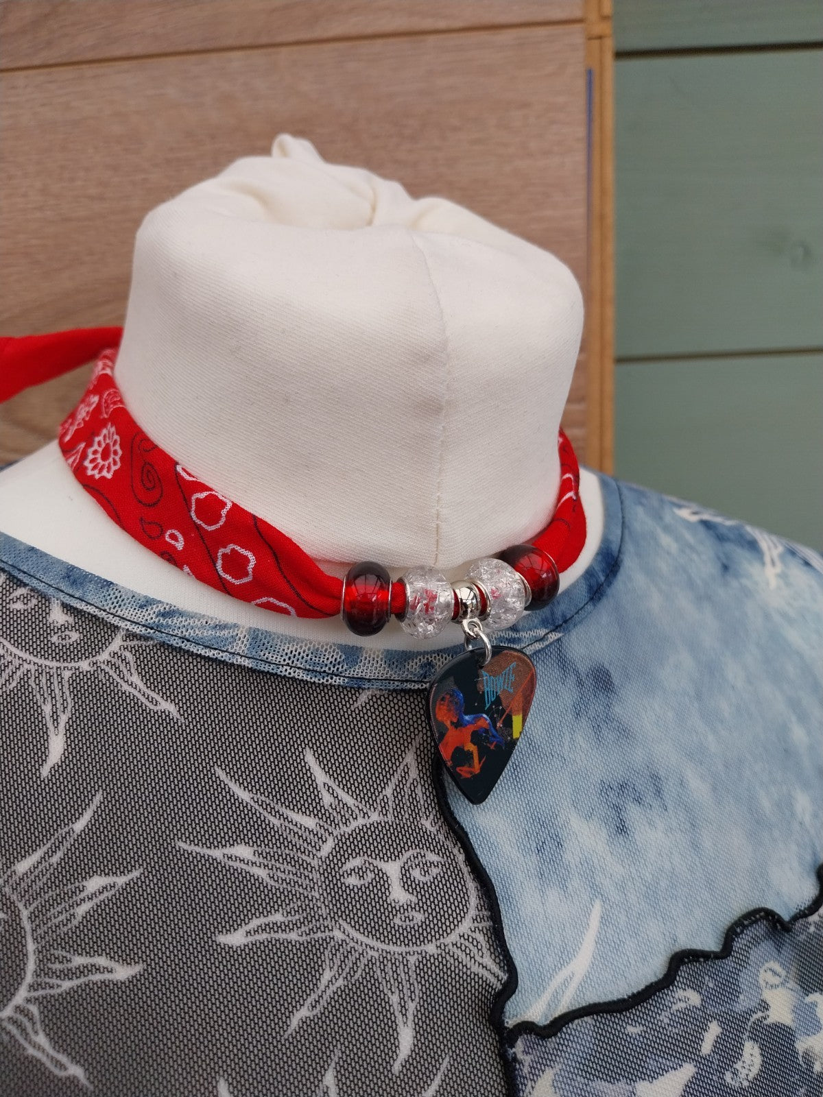 Handmade Bowie Plectrum Bandana  Choker Necklace Red
