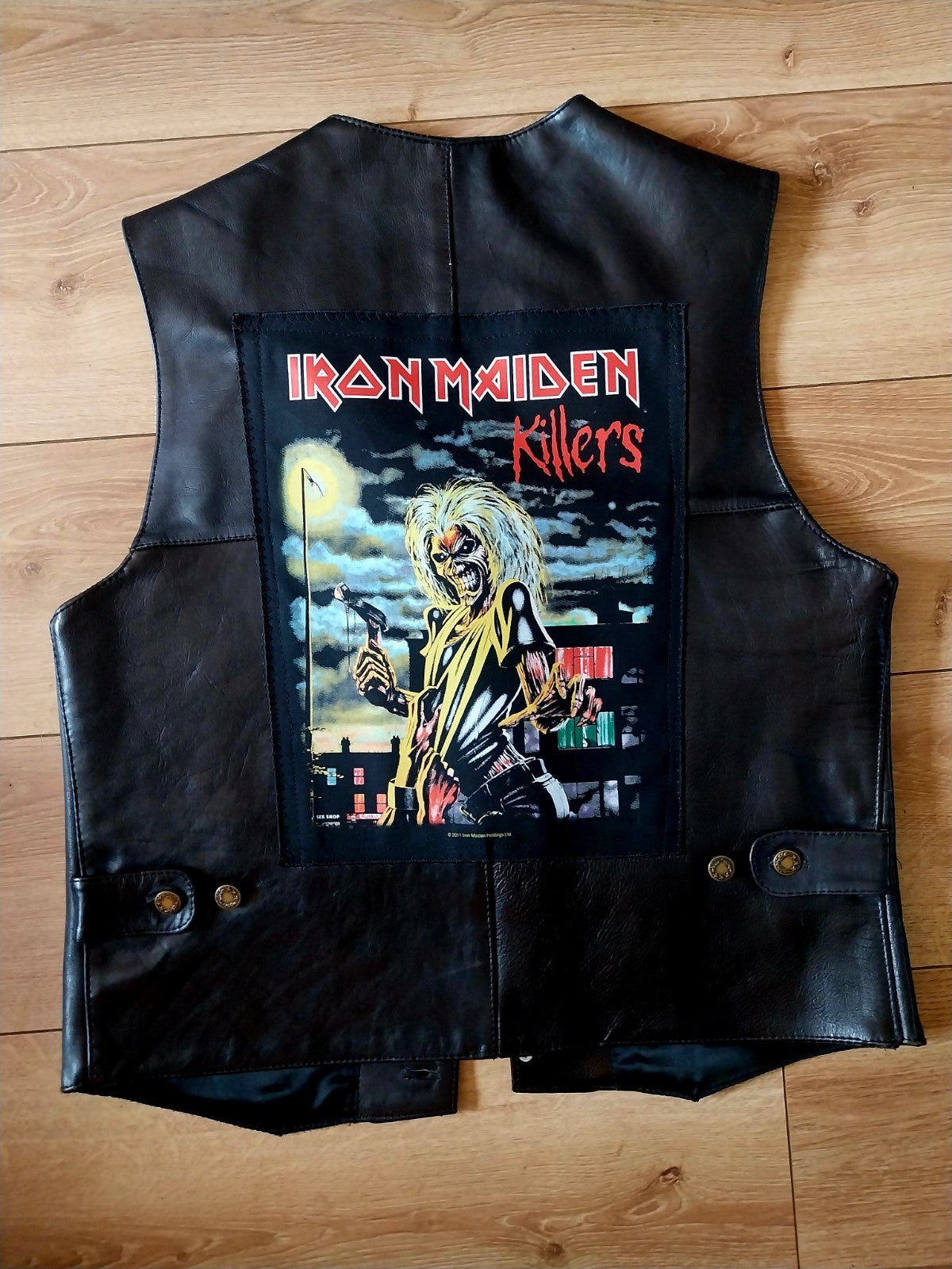 Vintage black leather waistcoat Iron Maiden on Back Size Large 42/44 Inch Chest