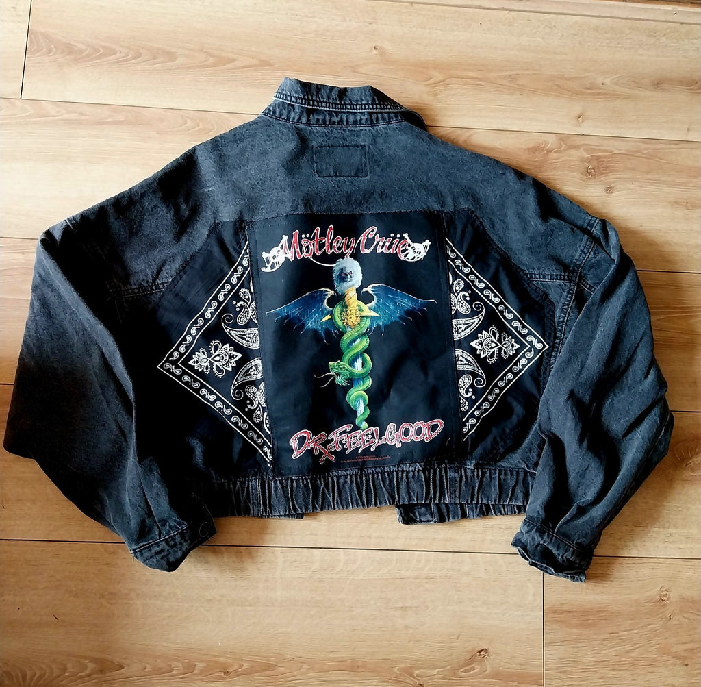 Motley Crue Reworked Black denim Short 80s Jacket  Size XL