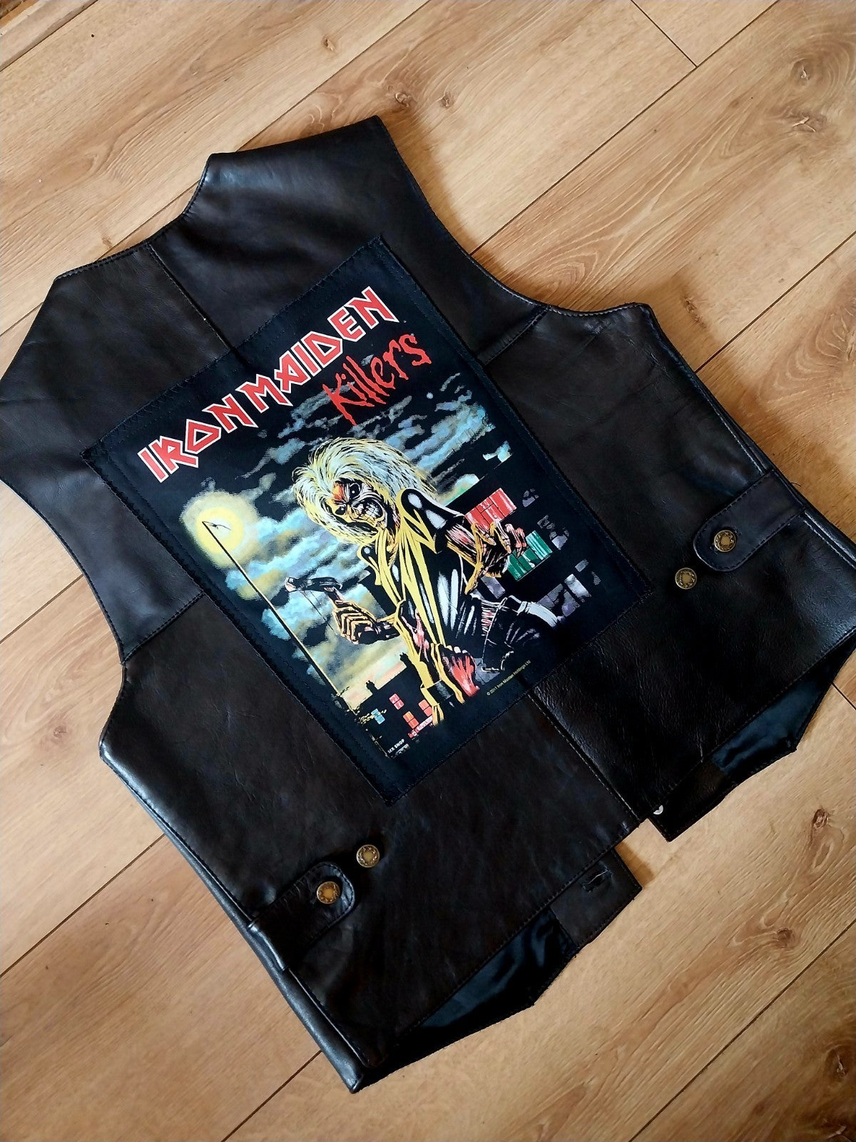 Vintage black leather waistcoat Iron Maiden on Back Size Large 42/44 Inch Chest